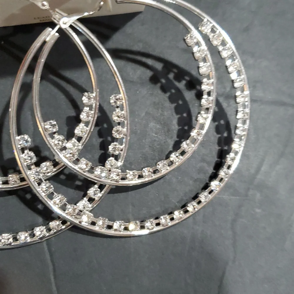 Natasha couture silver tone cz crystal rhinestone trim double hoop earrings new - Picture 2 of 10